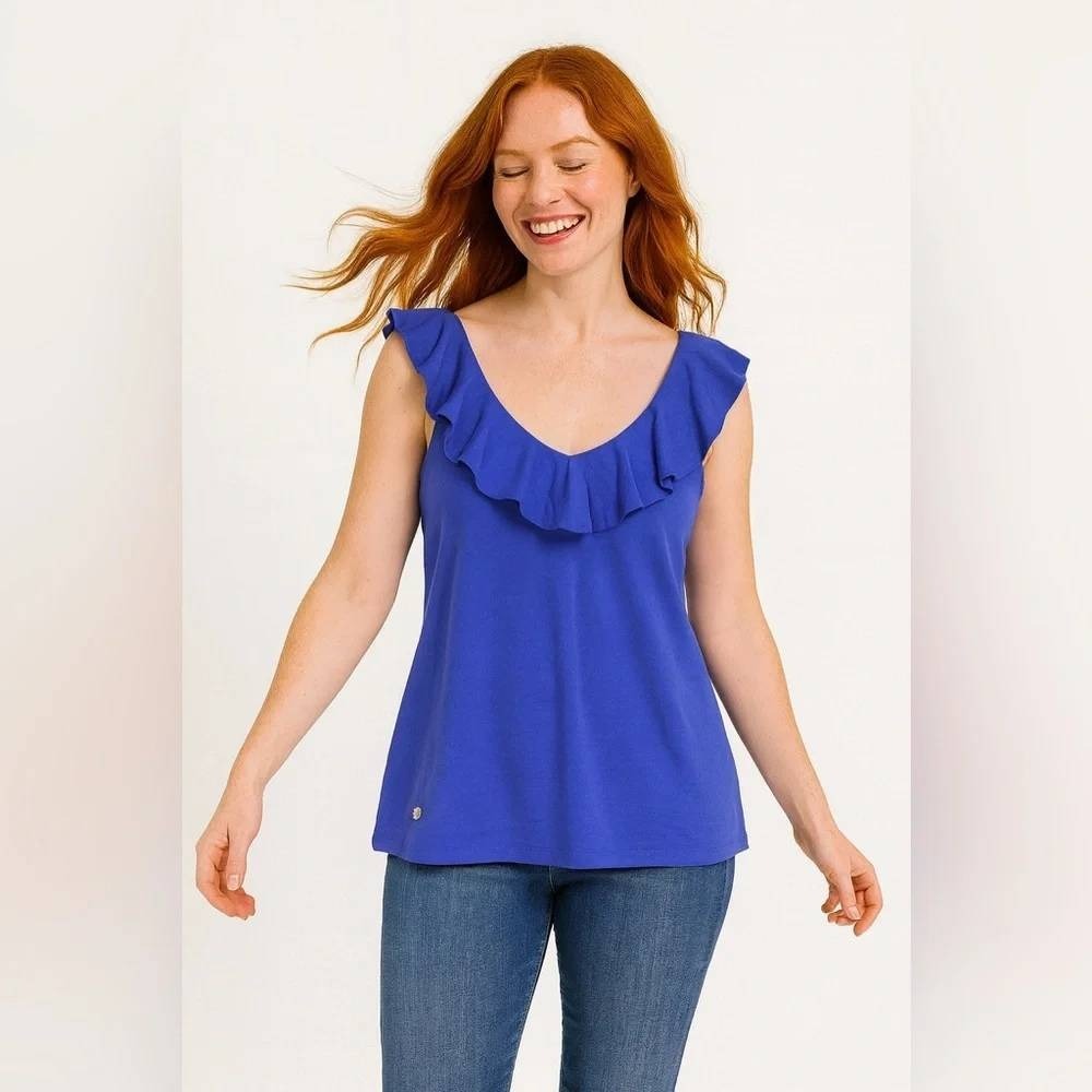 Lilly Pulitzer Alessa Ruffle Sleeve V-Neck Top style#002318 in Corsica Blue XS‎